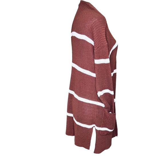 Pink Clover Spice Brown White Striped Cardigan with Pockets - Picture 6 of 8